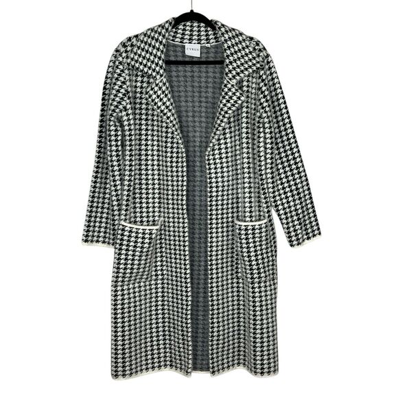CYRUS Size M Coatigan Open Cardigan Coat Long Black White Houndstooth Pockets - Picture 1 of 6